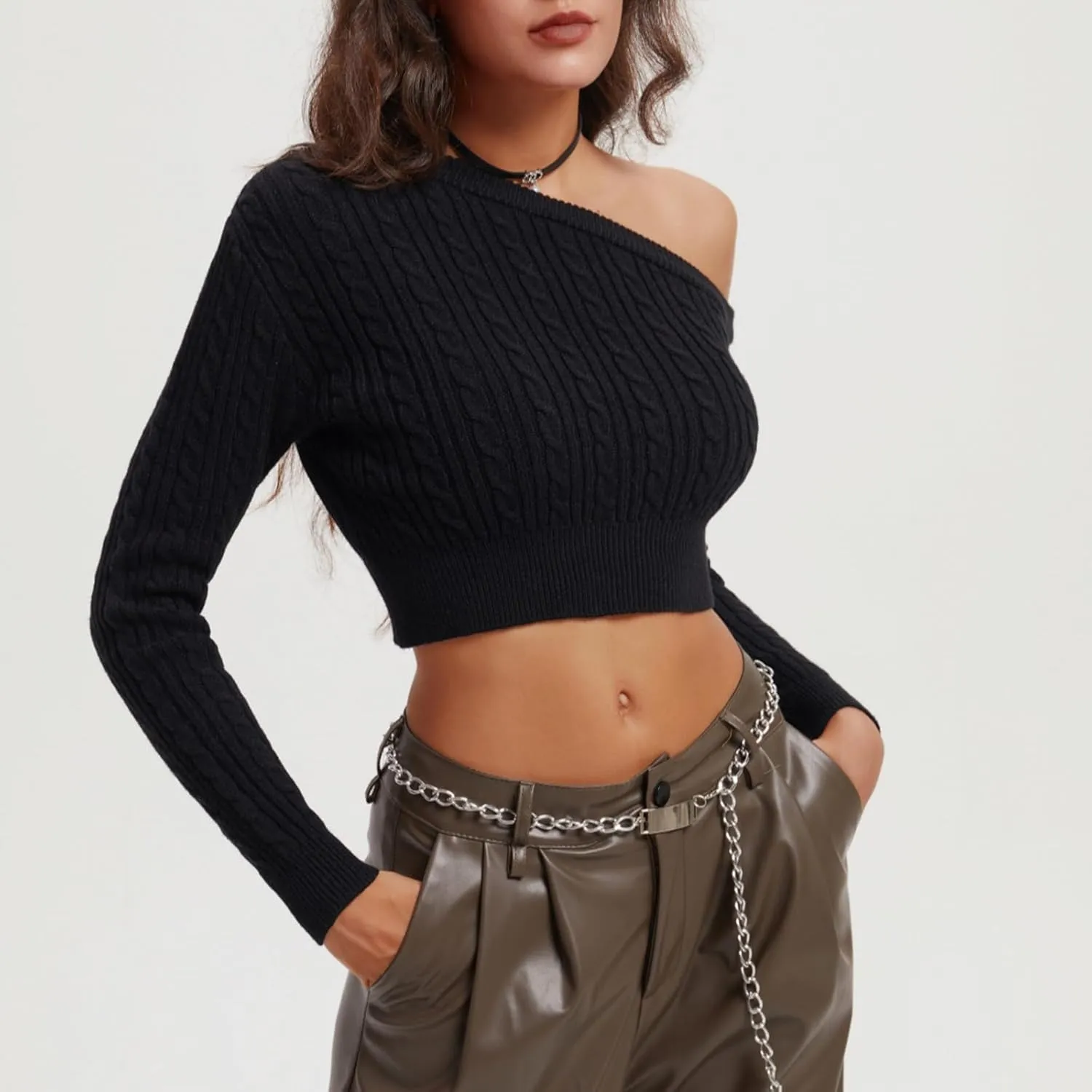 Women's Off Shoulder Chunky Knit Cropped Sweaters Wrap Long Sleeve Slim Pullover Winter Trendy Solid Color Jumper Tops