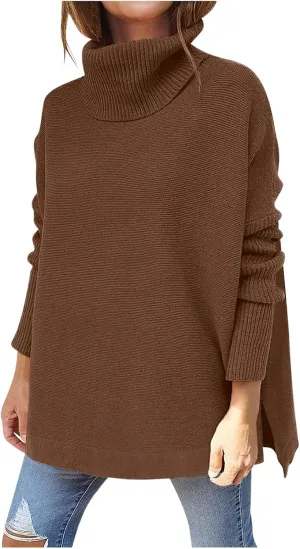 Women's Oversized Turtleneck Batwing Sleeve Split Casual Loose Knit Tunic Pullover Sweater Tops 2024 Fall Outfits
