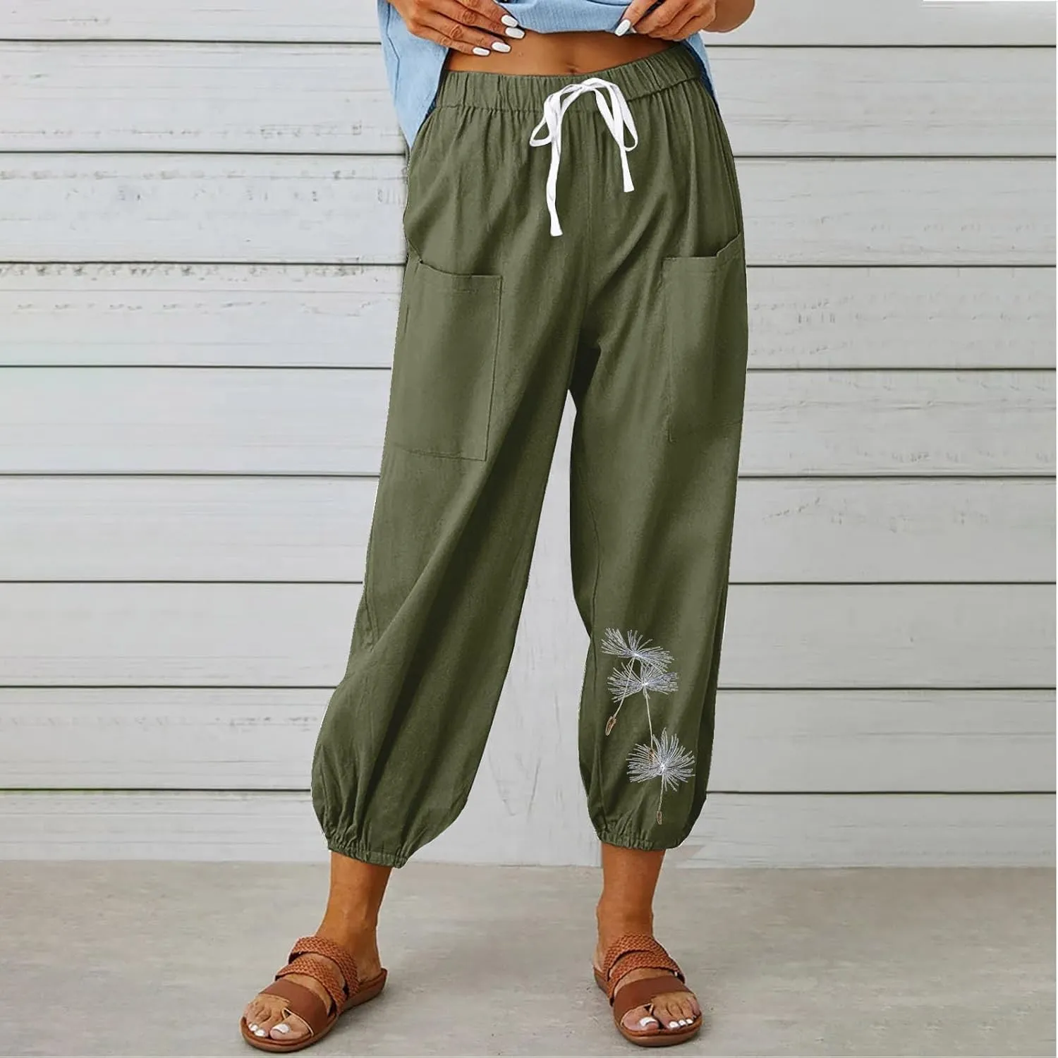 Women's Pants High Waisted Drawstring Cotton Linen Bound Feet Pant with Pocket Loose Print Casual Breathable Trouser