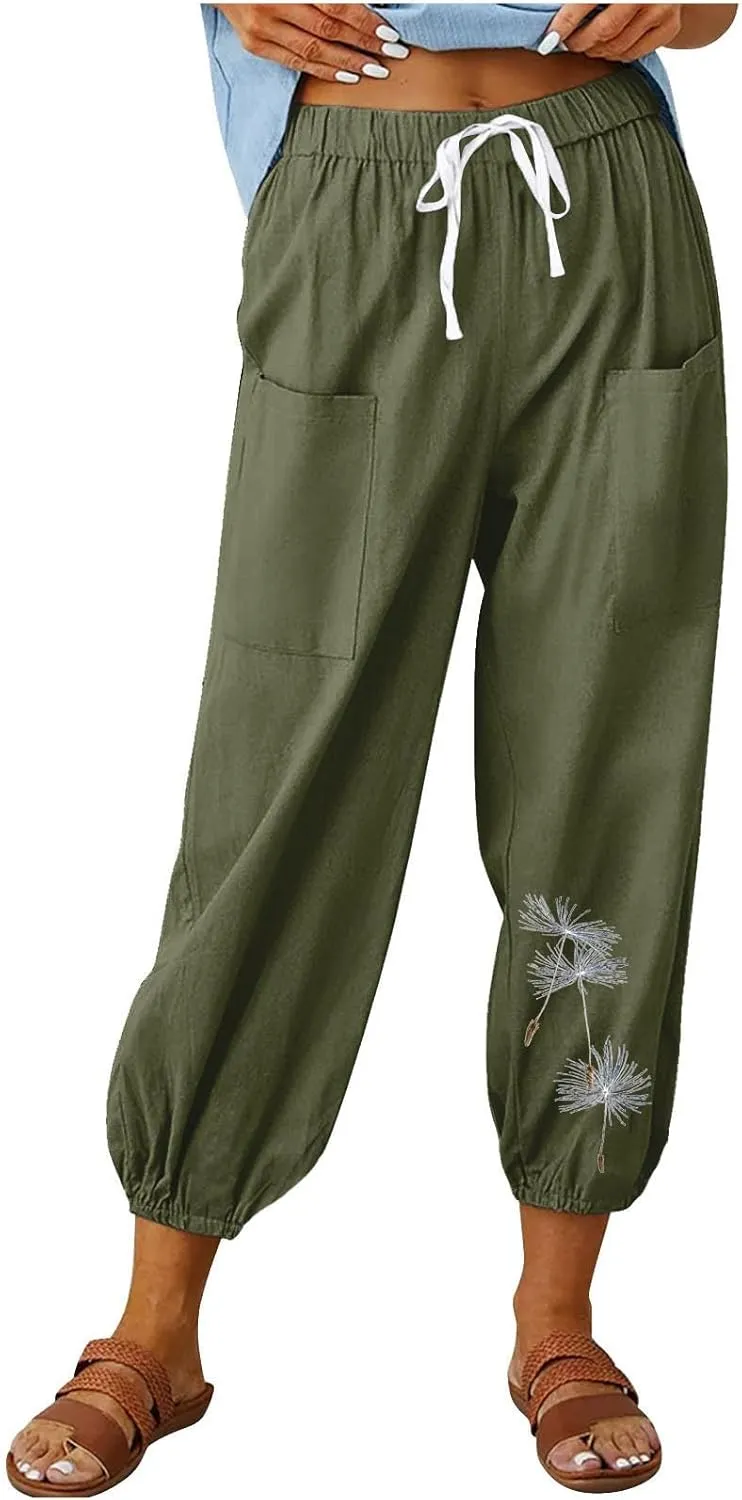 Women's Pants High Waisted Drawstring Cotton Linen Bound Feet Pant with Pocket Loose Print Casual Breathable Trouser
