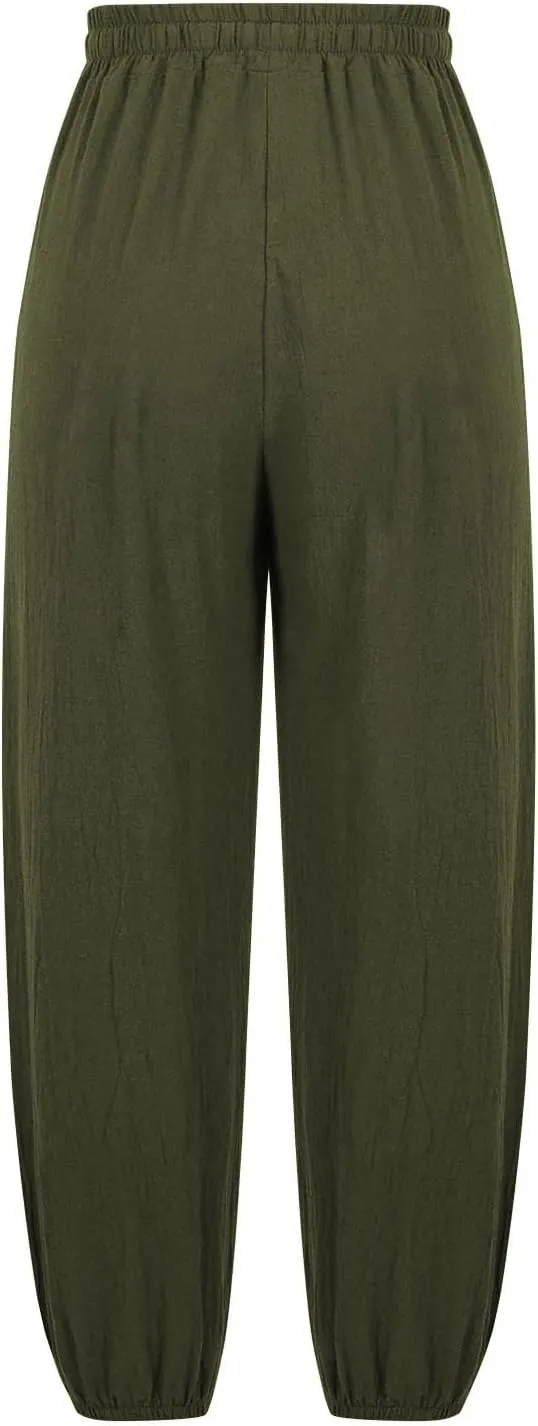 Women's Pants High Waisted Drawstring Cotton Linen Bound Feet Pant with Pocket Loose Print Casual Breathable Trouser