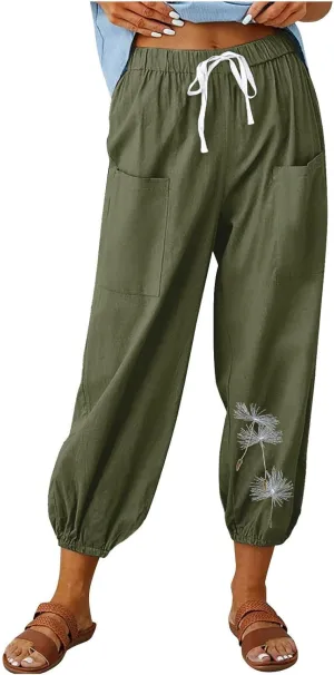 Women's Pants High Waisted Drawstring Cotton Linen Bound Feet Pant with Pocket Loose Print Casual Breathable Trouser