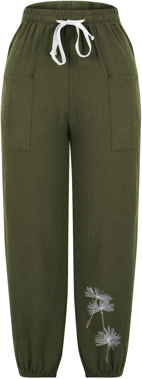 Women's Pants High Waisted Drawstring Cotton Linen Bound Feet Pant with Pocket Loose Print Casual Breathable Trouser