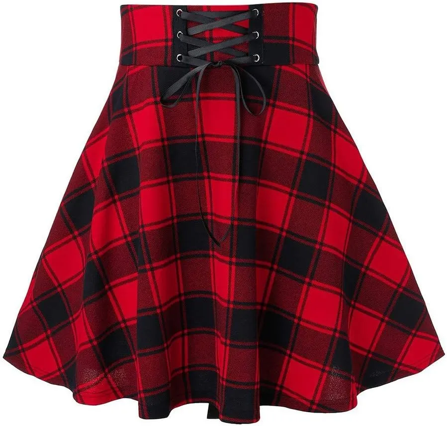 Womens Plaid Skirt,High-Waisted Sexy Wrap Pleated Skirt Fashion Vinatge A-line Skirt Casual Uniform Mini Skirts