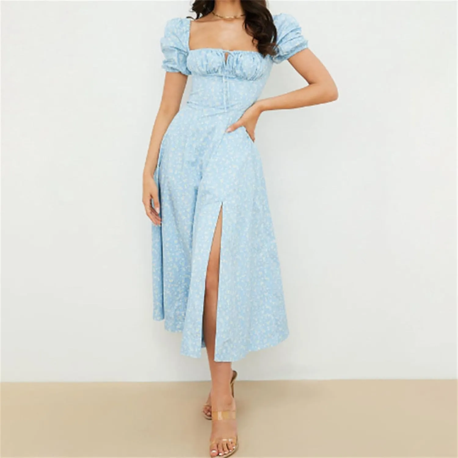 Women's Puff Short Sleeve Floral Dress Casual Flowy Beach Maxi Dresses Smocked Backless Beach Flowy Tiered Sundress