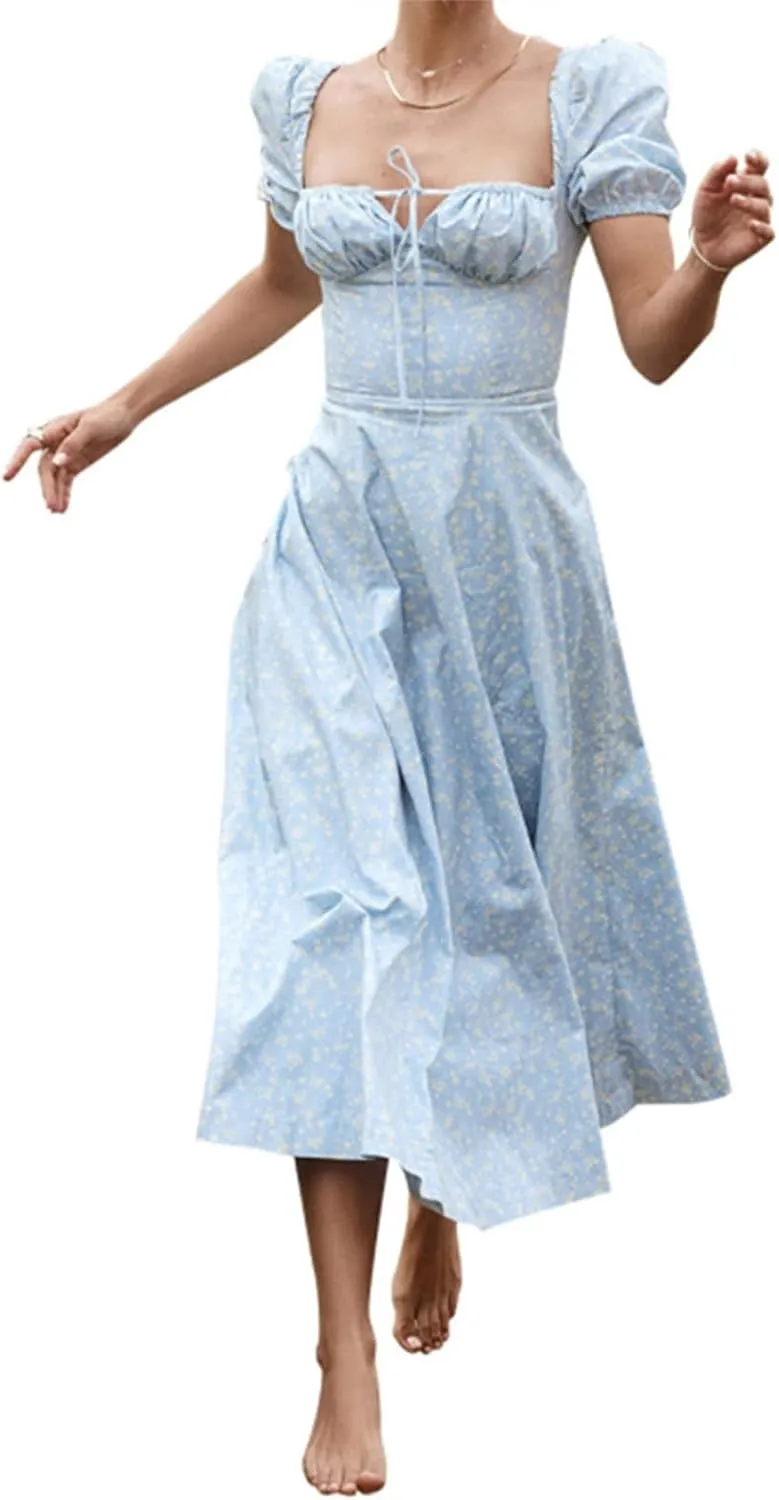 Women's Puff Short Sleeve Floral Dress Casual Flowy Beach Maxi Dresses Smocked Backless Beach Flowy Tiered Sundress