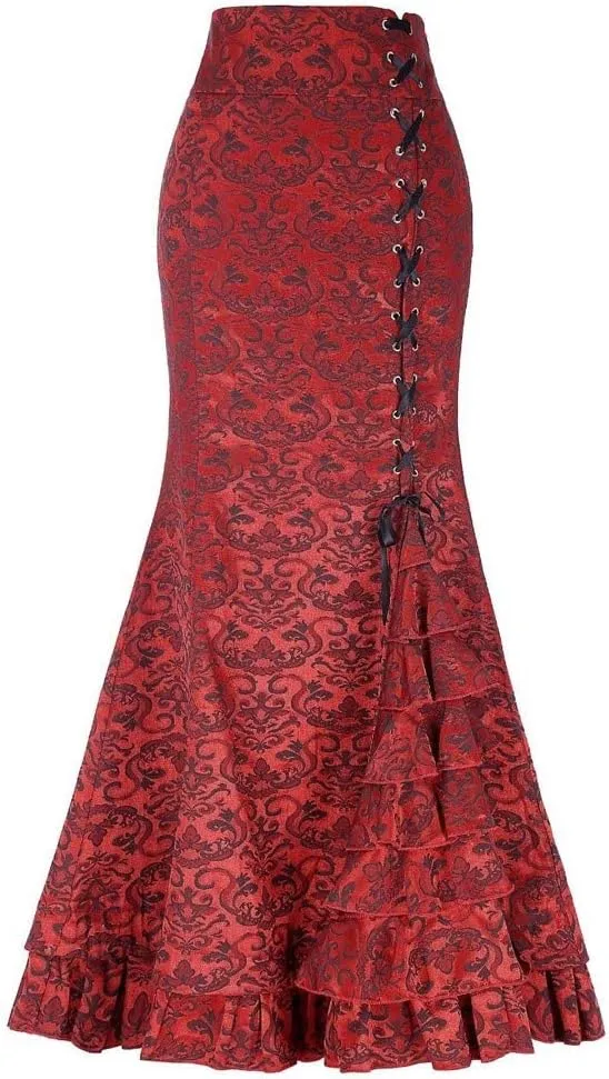 Womens Retro Lace-Up Drawstring Tiered Ruffle Maxi Long Mermaid Pencil Skirt Punk Style Retro Bodycon Ruffle Skirts