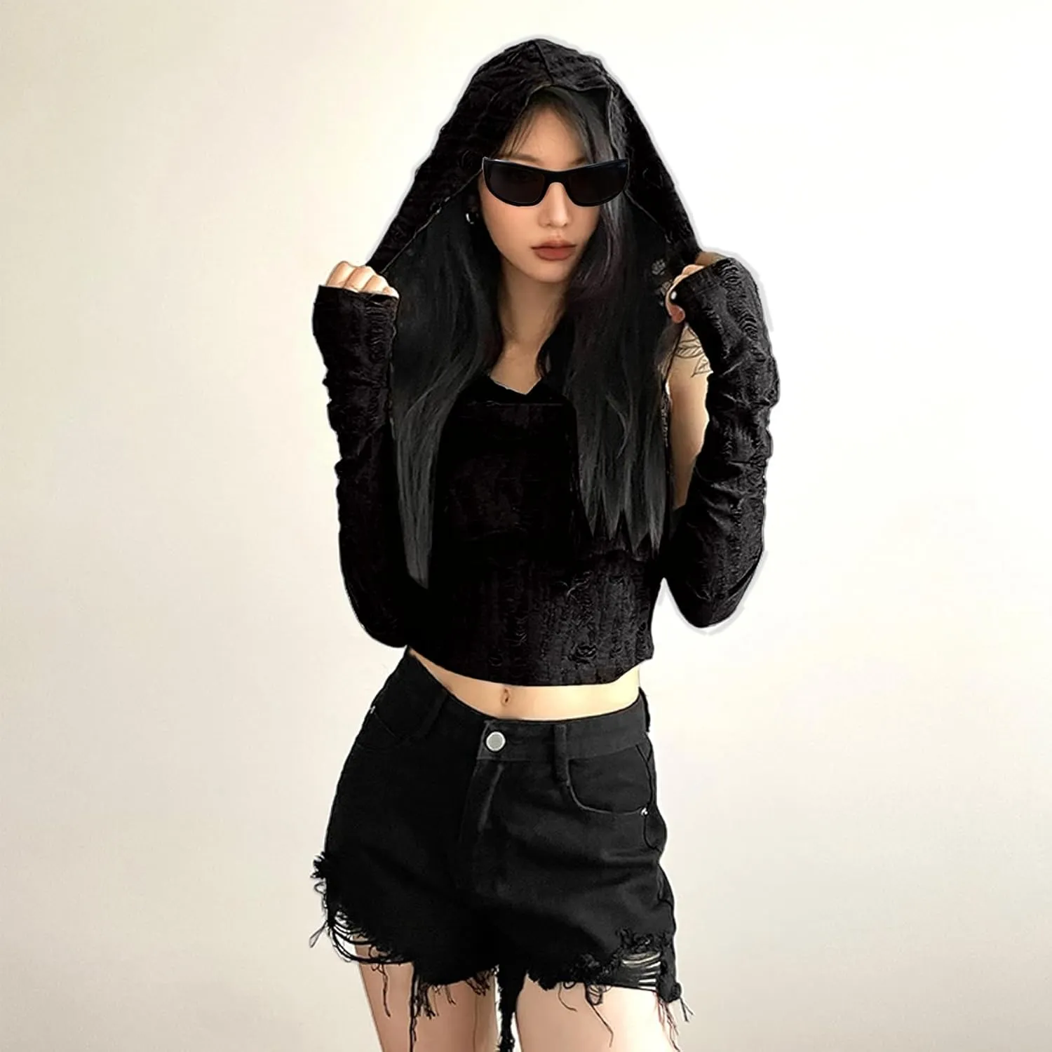 Womens Ripped Hoodie Sweater Vest Hollow Out Hooded Crop Top Knit Pullover Streetwear with Oversleeve