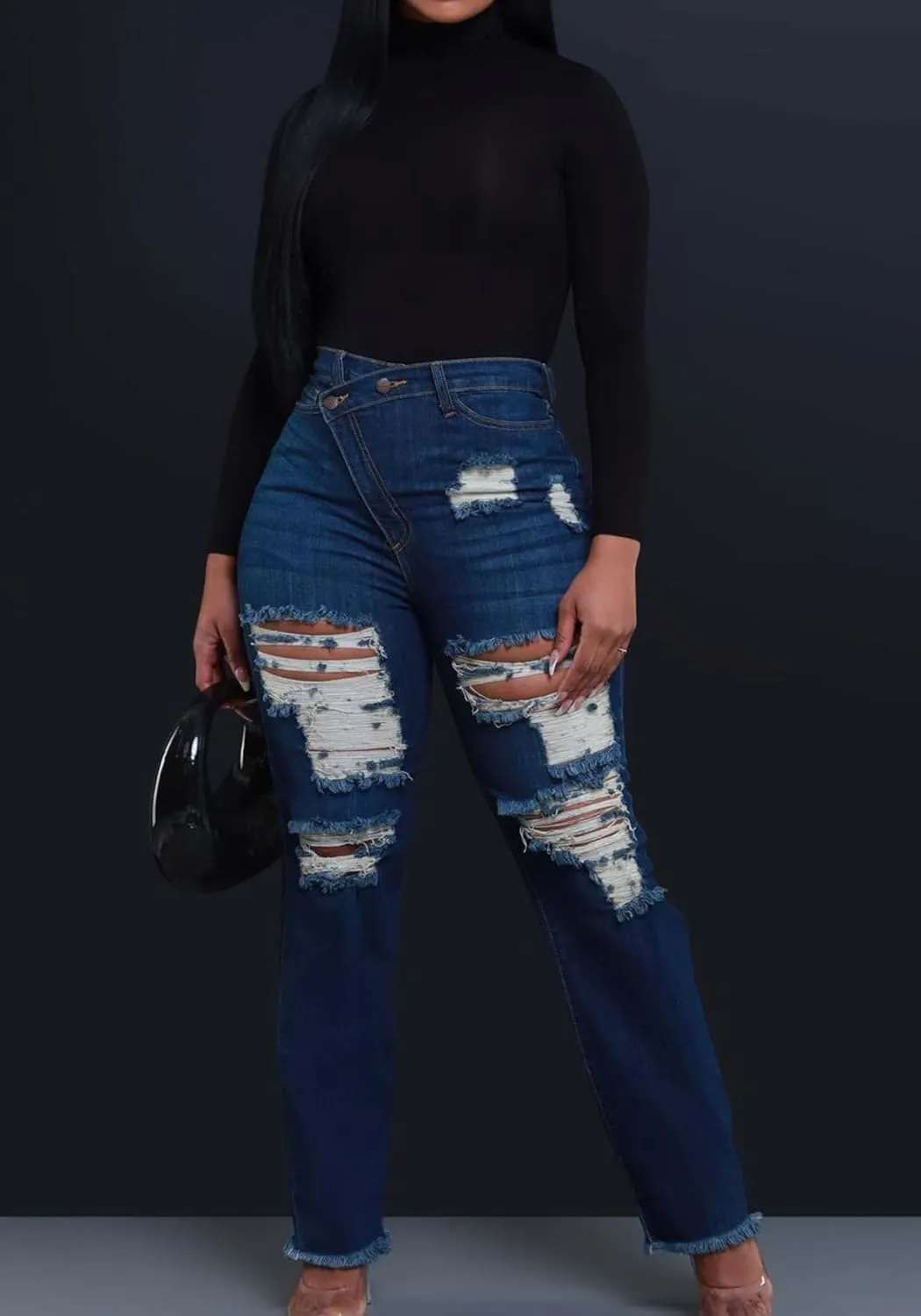 Women's Ripped Jeans Asymmetrical High Waisted Straight Leg Distressed Jean Strechy Denim Pants