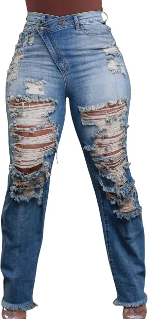 Women's Ripped Jeans Asymmetrical High Waisted Straight Leg Distressed Jean Strechy Denim Pants