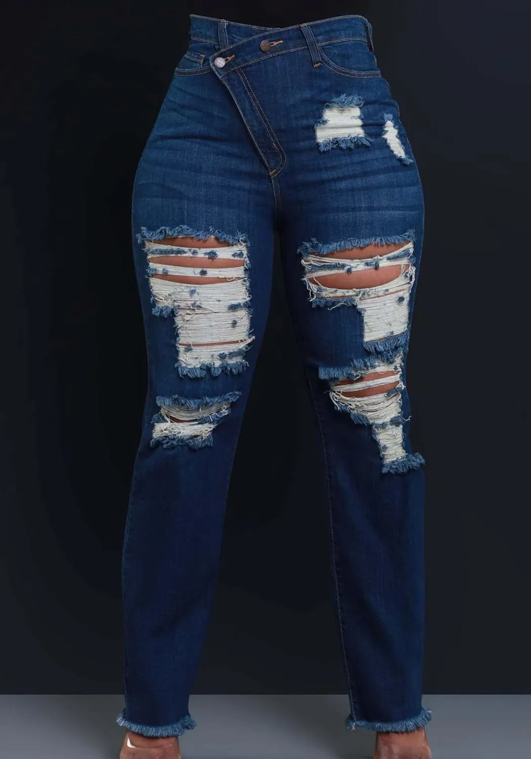 Women's Ripped Jeans Asymmetrical High Waisted Straight Leg Distressed Jean Strechy Denim Pants