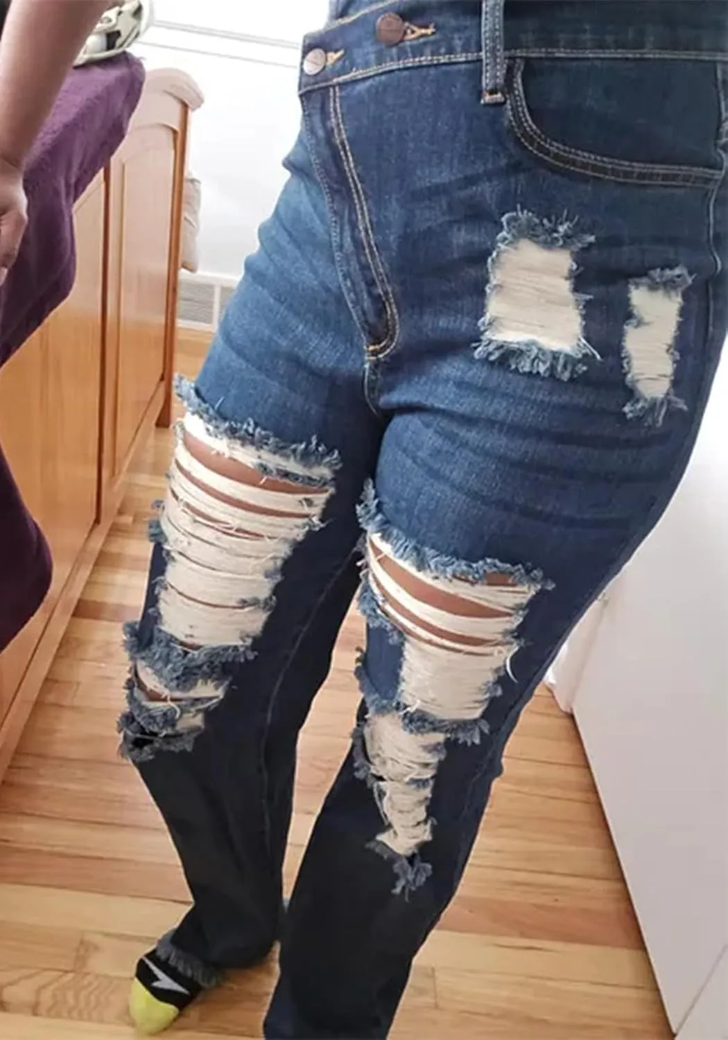 Women's Ripped Jeans Asymmetrical High Waisted Straight Leg Distressed Jean Strechy Denim Pants