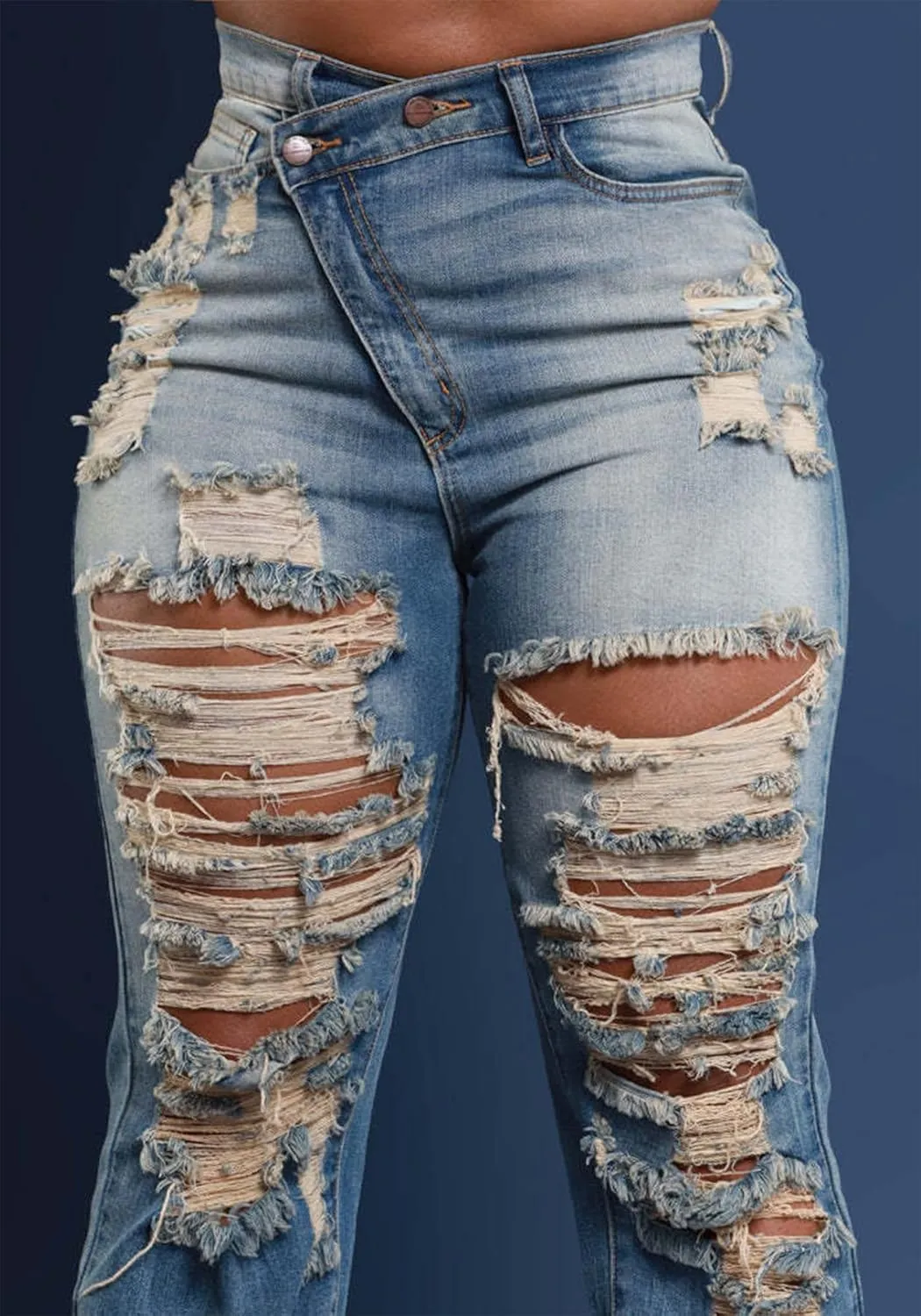 Women's Ripped Jeans Asymmetrical High Waisted Straight Leg Distressed Jean Strechy Denim Pants
