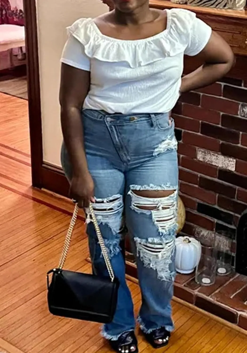 Women's Ripped Jeans Asymmetrical High Waisted Straight Leg Distressed Jean Strechy Denim Pants