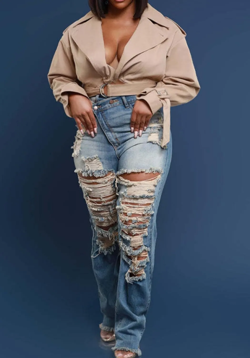 Women's Ripped Jeans Asymmetrical High Waisted Straight Leg Distressed Jean Strechy Denim Pants