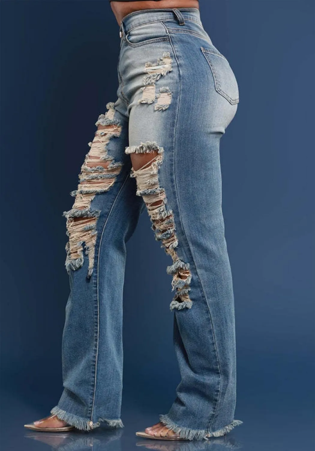 Women's Ripped Jeans Asymmetrical High Waisted Straight Leg Distressed Jean Strechy Denim Pants