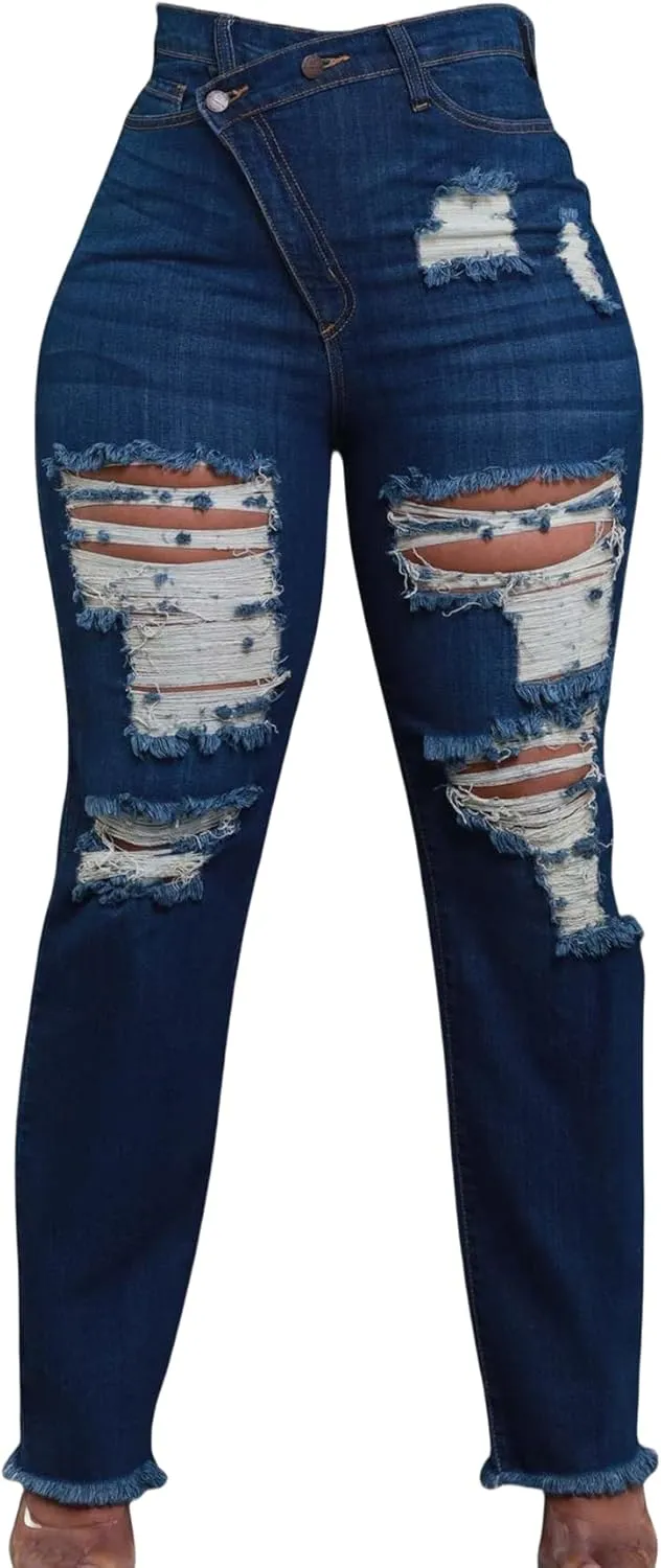 Women's Ripped Jeans Asymmetrical High Waisted Straight Leg Distressed Jean Strechy Denim Pants