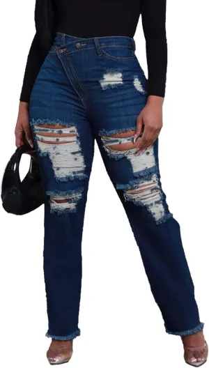 Women's Ripped Jeans Asymmetrical High Waisted Straight Leg Distressed Jean Strechy Denim Pants