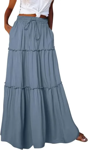 Womens Skirts for Summer Lightweight High Waist Drawstring Elastic Ruffle Hem A-Line Casual Long Skirts for Women