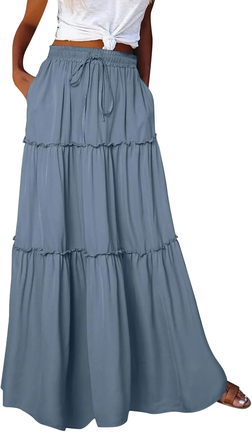 Womens Skirts for Summer Lightweight High Waist Drawstring Elastic Ruffle Hem A-Line Casual Long Skirts for Women