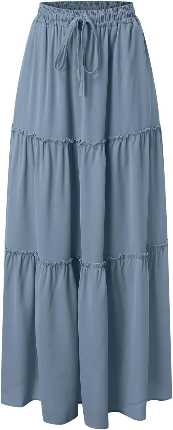 Womens Skirts for Summer Lightweight High Waist Drawstring Elastic Ruffle Hem A-Line Casual Long Skirts for Women
