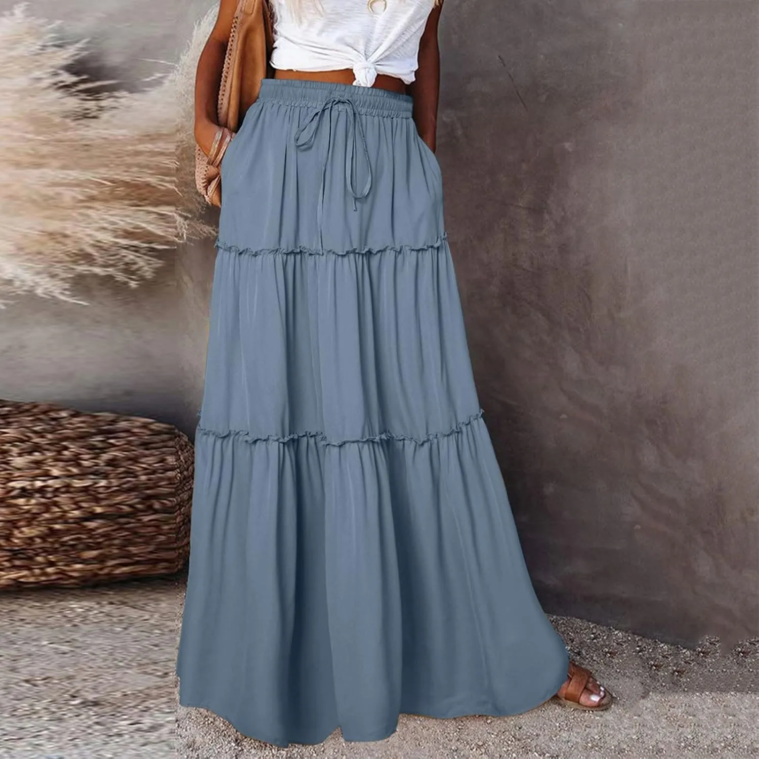 Womens Skirts for Summer Lightweight High Waist Drawstring Elastic Ruffle Hem A-Line Casual Long Skirts for Women