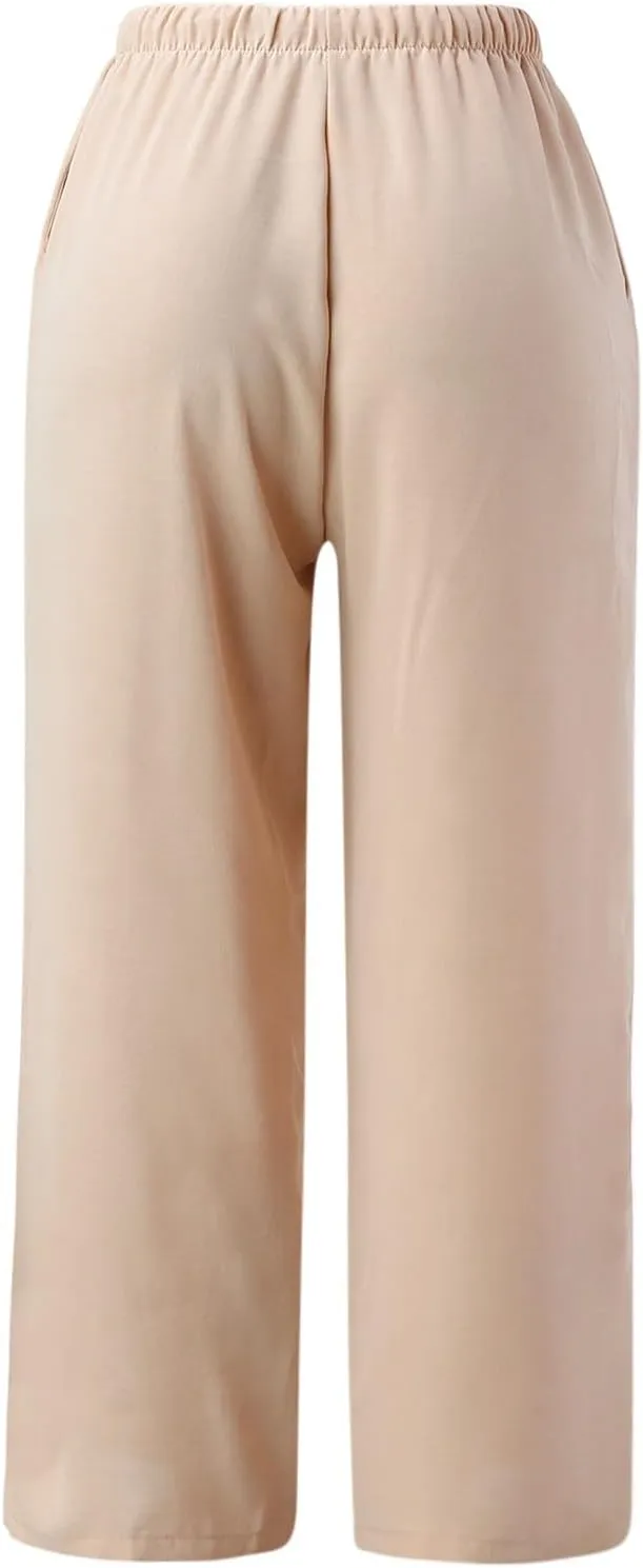 Women's Solid Casual Elastic Belt High Waist Trousers Straight Wide Leg Plus Size Baggy Comfy Soft Pants