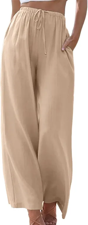 Women's Solid Casual Elastic Belt High Waist Trousers Straight Wide Leg Plus Size Baggy Comfy Soft Pants