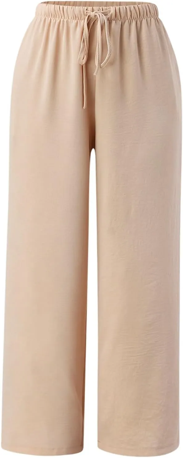 Women's Solid Casual Elastic Belt High Waist Trousers Straight Wide Leg Plus Size Baggy Comfy Soft Pants