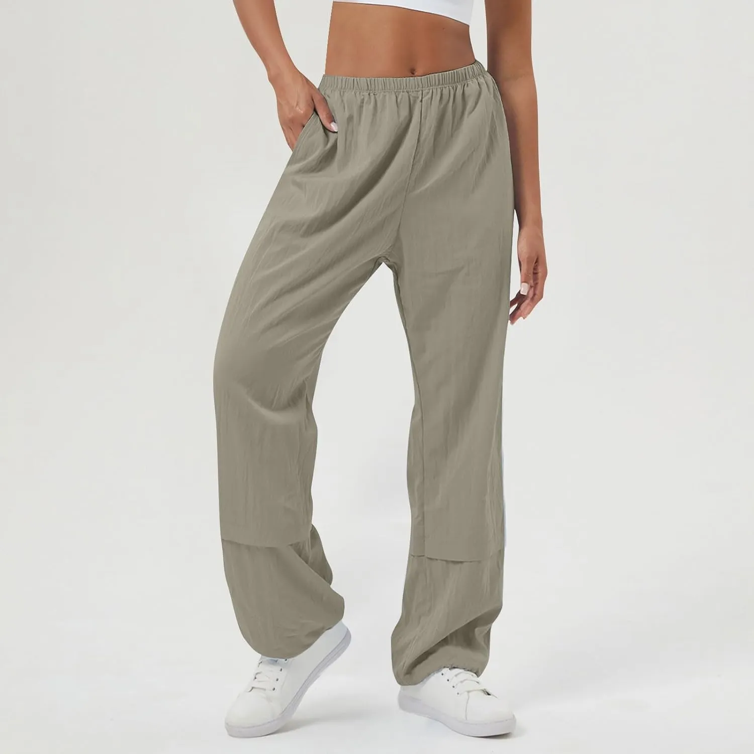 Womens Solid Pull-on Cargo Pants Casual Baggy Straight Leg Trousers High Waist Trousers with Pockets Elastic Waist