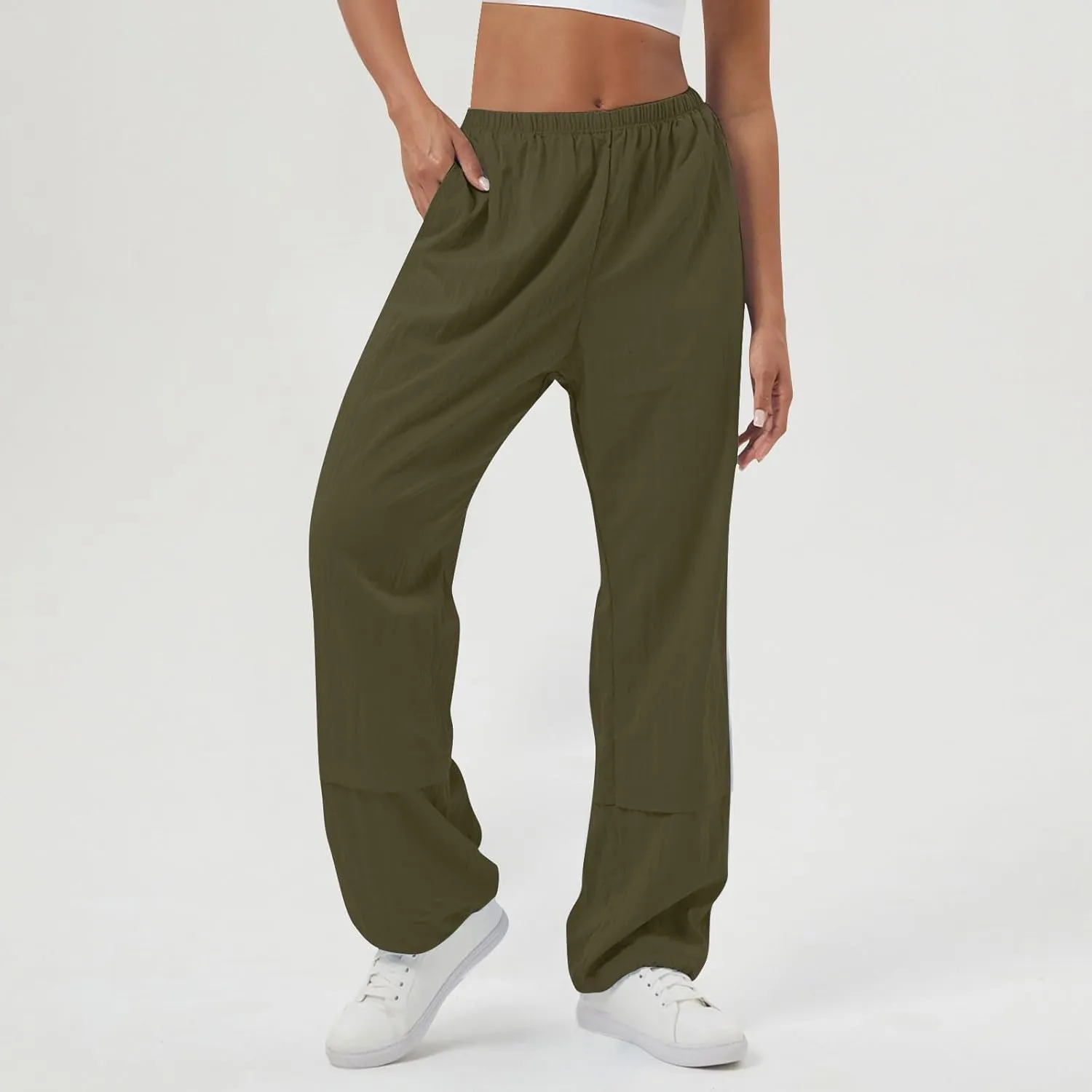 Womens Solid Pull-on Cargo Pants Casual Baggy Straight Leg Trousers High Waist Trousers with Pockets Elastic Waist