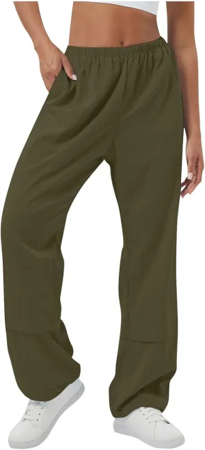 Womens Solid Pull-on Cargo Pants Casual Baggy Straight Leg Trousers High Waist Trousers with Pockets Elastic Waist