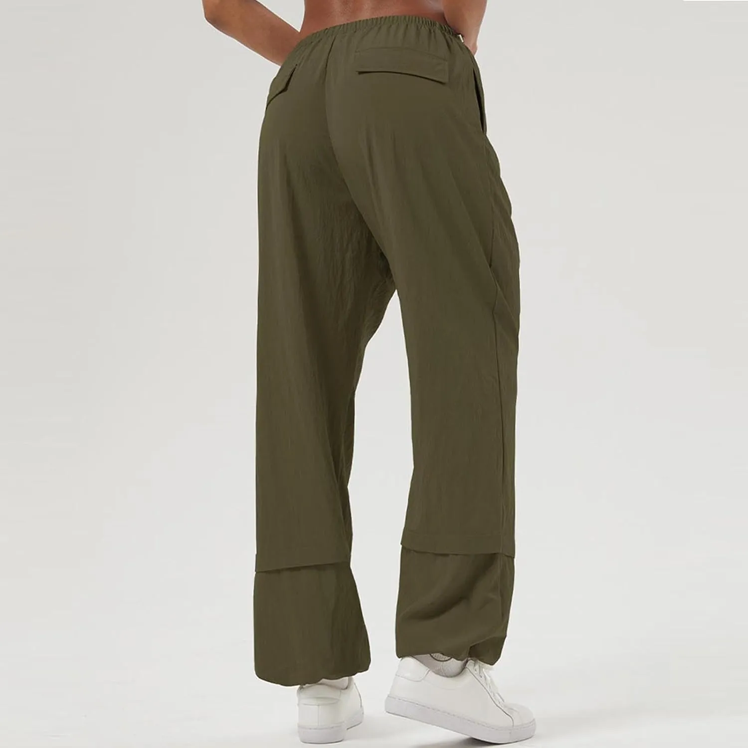 Womens Solid Pull-on Cargo Pants Casual Baggy Straight Leg Trousers High Waist Trousers with Pockets Elastic Waist