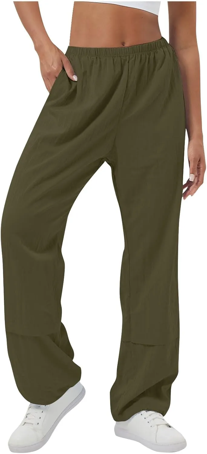 Womens Solid Pull-on Cargo Pants Casual Baggy Straight Leg Trousers High Waist Trousers with Pockets Elastic Waist