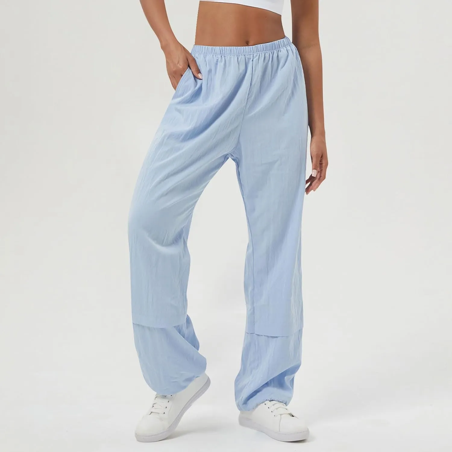 Womens Solid Pull-on Cargo Pants Casual Baggy Straight Leg Trousers High Waist Trousers with Pockets Elastic Waist