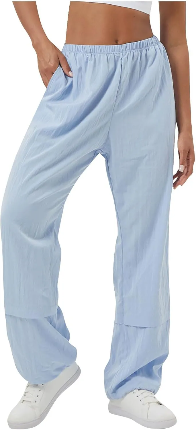 Womens Solid Pull-on Cargo Pants Casual Baggy Straight Leg Trousers High Waist Trousers with Pockets Elastic Waist