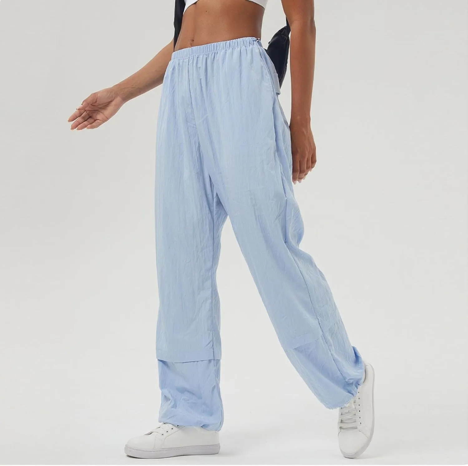Womens Solid Pull-on Cargo Pants Casual Baggy Straight Leg Trousers High Waist Trousers with Pockets Elastic Waist