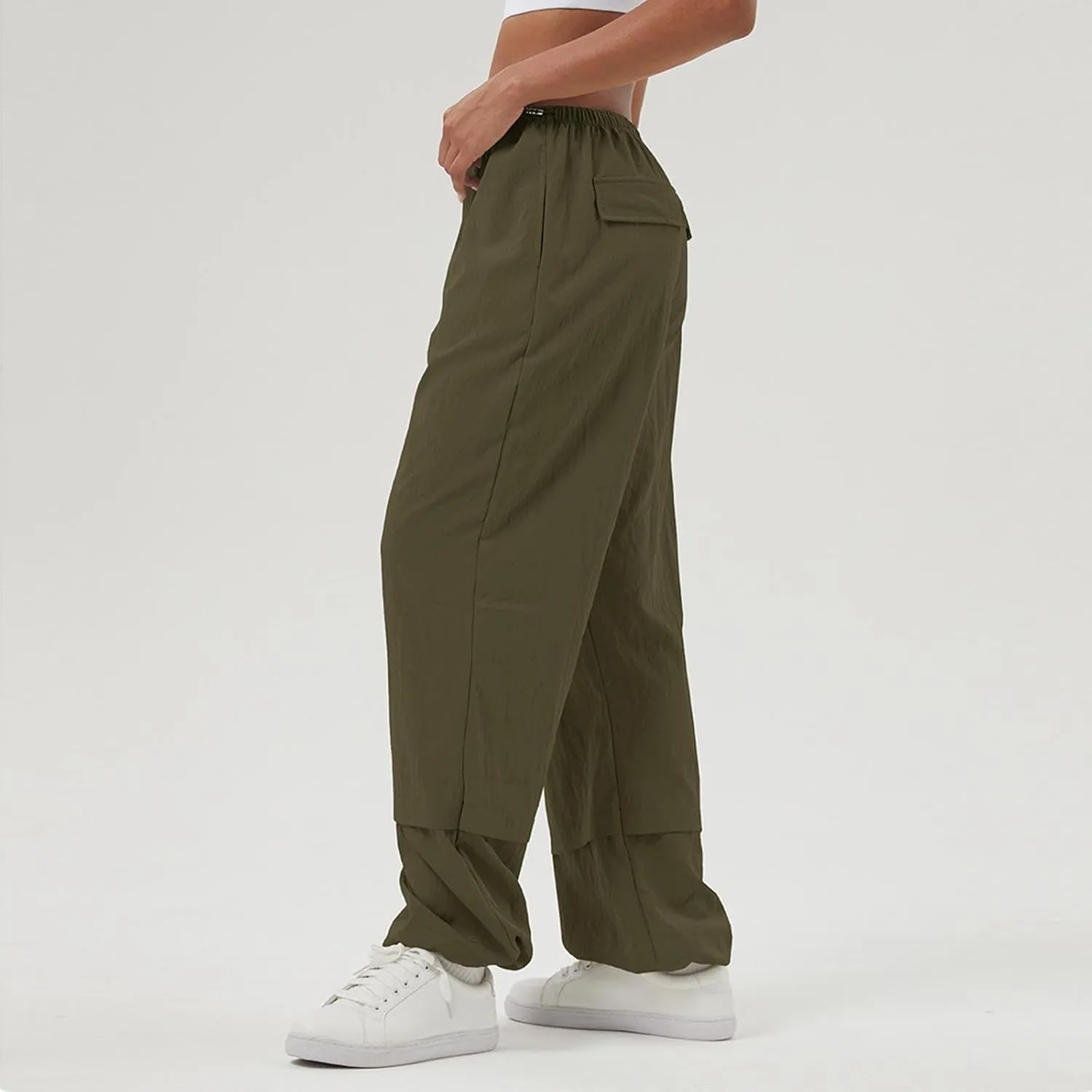 Womens Solid Pull-on Cargo Pants Casual Baggy Straight Leg Trousers High Waist Trousers with Pockets Elastic Waist