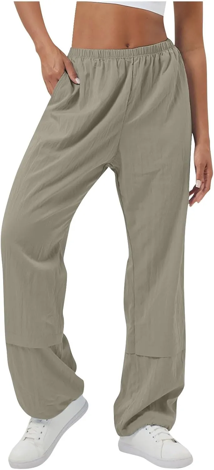 Womens Solid Pull-on Cargo Pants Casual Baggy Straight Leg Trousers High Waist Trousers with Pockets Elastic Waist