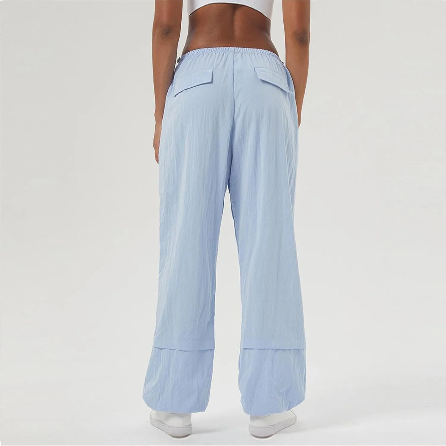 Womens Solid Pull-on Cargo Pants Casual Baggy Straight Leg Trousers High Waist Trousers with Pockets Elastic Waist