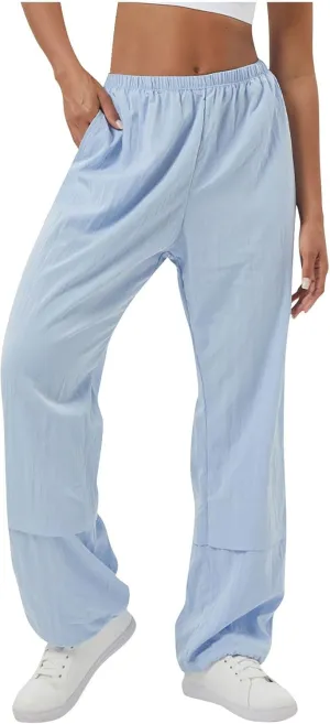 Womens Solid Pull-on Cargo Pants Casual Baggy Straight Leg Trousers High Waist Trousers with Pockets Elastic Waist