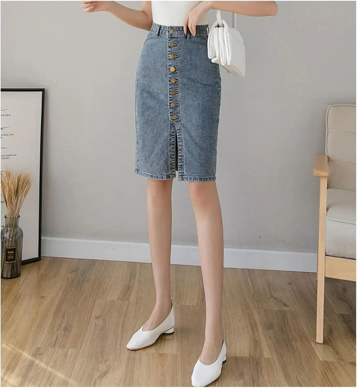 Womens Spring Denim Bodycon Wrap Skirts Single Breasted High Waist Front Split Pencil Midi Skirts