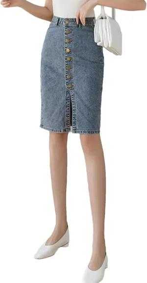 Womens Spring Denim Bodycon Wrap Skirts Single Breasted High Waist Front Split Pencil Midi Skirts