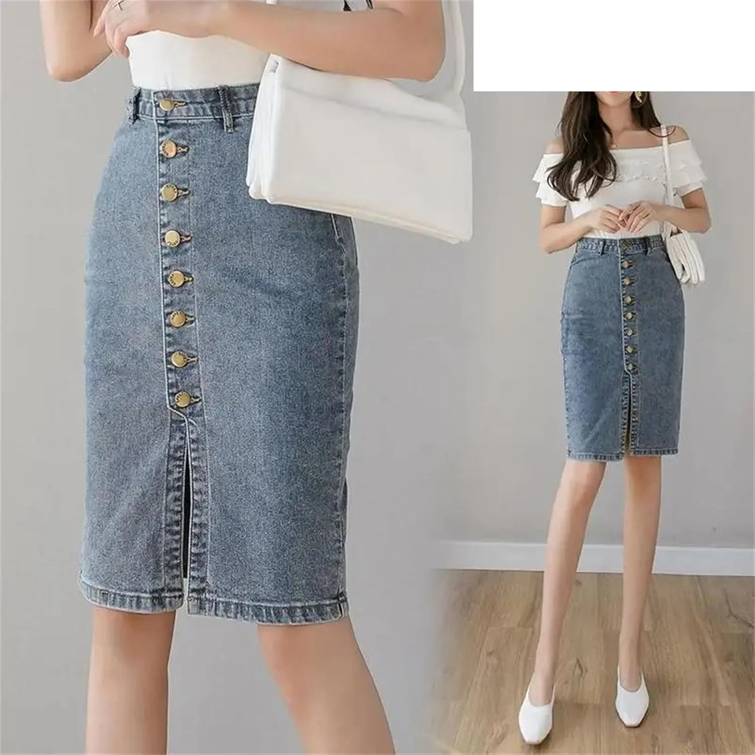 Womens Spring Denim Bodycon Wrap Skirts Single Breasted High Waist Front Split Pencil Midi Skirts