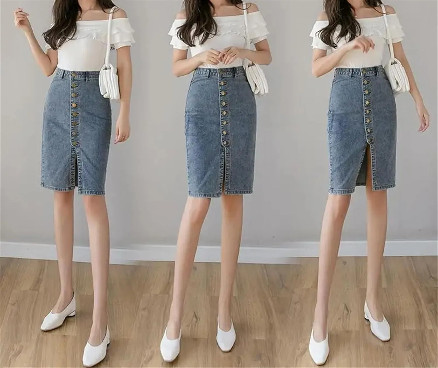 Womens Spring Denim Bodycon Wrap Skirts Single Breasted High Waist Front Split Pencil Midi Skirts
