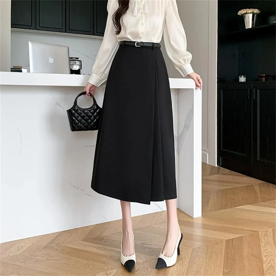 Women's Spring Summer Solid Elegant Wrap Skirts with Belted High Waist Solid A-Line Midi Skirts