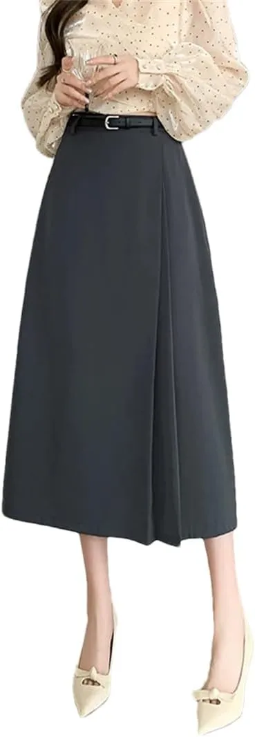 Women's Spring Summer Solid Elegant Wrap Skirts with Belted High Waist Solid A-Line Midi Skirts