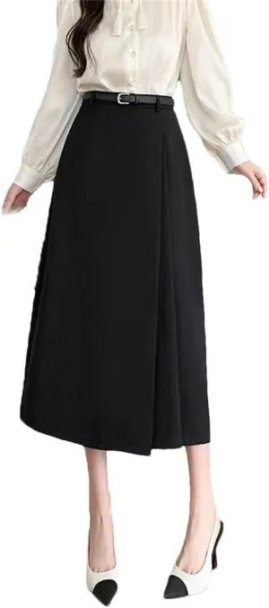 Women's Spring Summer Solid Elegant Wrap Skirts with Belted High Waist Solid A-Line Midi Skirts
