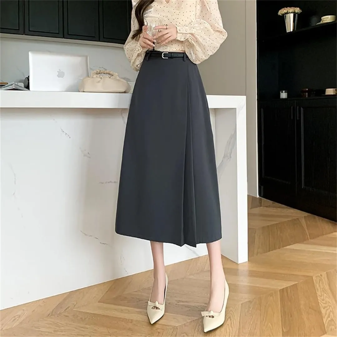 Women's Spring Summer Solid Elegant Wrap Skirts with Belted High Waist Solid A-Line Midi Skirts