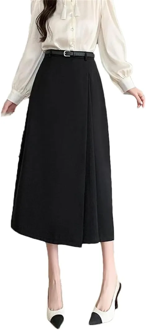 Women's Spring Summer Solid Elegant Wrap Skirts with Belted High Waist Solid A-Line Midi Skirts